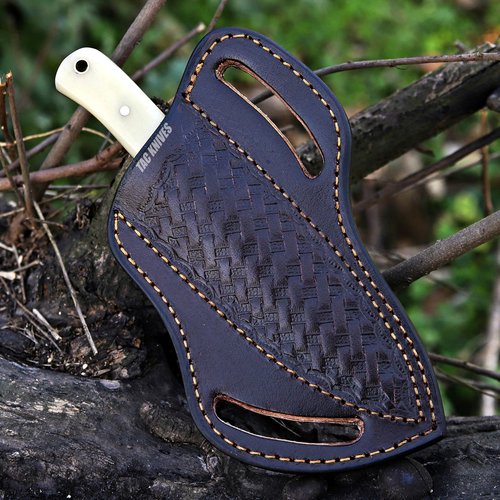 TAC KNIVES 7" Fixed Blade EDC Knife with Sheath - Damascus Steel Hunting Knife - Full Tang - Bone Handle - Pancake Carry Leather Sheath Snug Fit (BONE 303)