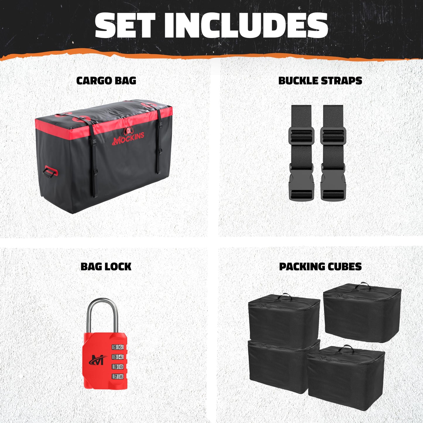 Mockins 15 Cu Ft Trailer Hitch Cargo Carrier Bag with 4 Packing Cubes