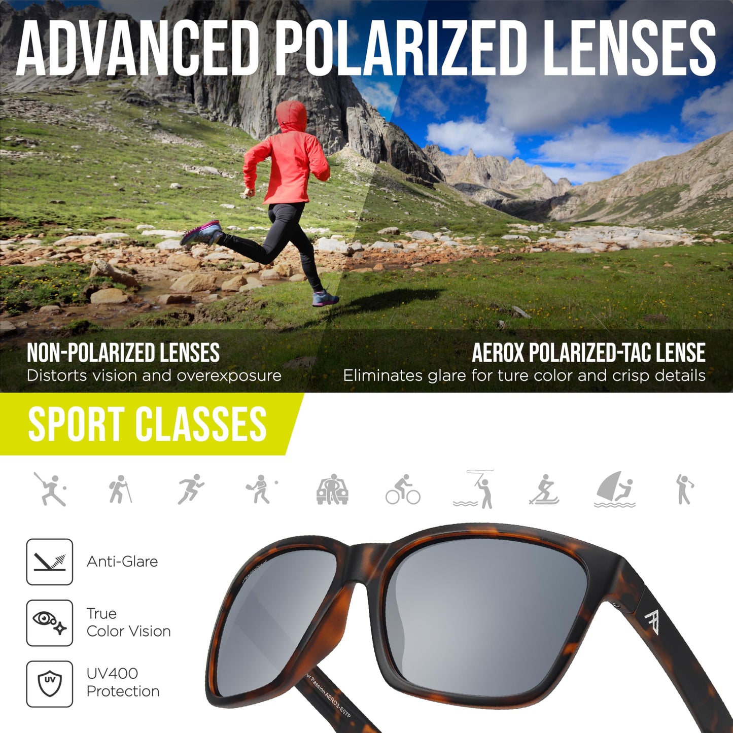 AEROX Polarized Sunglasses for Running, Golf, Fishing, Driving and Cycling - UV Protection Sports Glasses for Men, Women