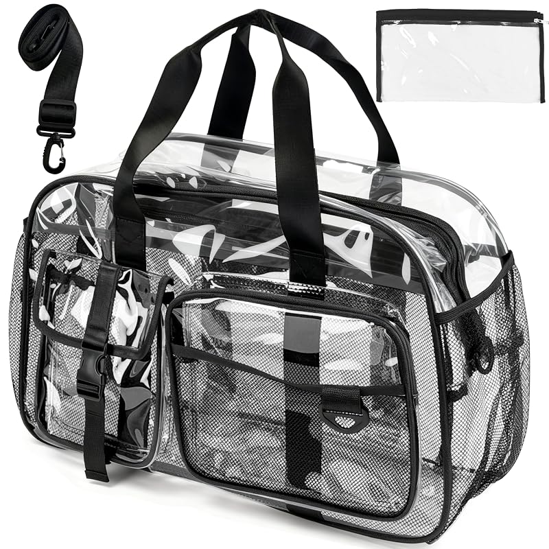 Large Clear Tote Bag 19" Luggage Carry-On with 10 Pockets, PVC Beach & Travel Bag