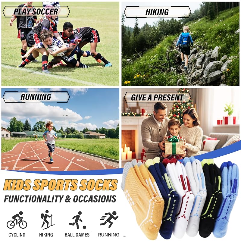 Kids Crew Socks - ANTSANG 6-Pair Athletic Cotton Socks, 9-14 Years, Blue Black Grey Orange