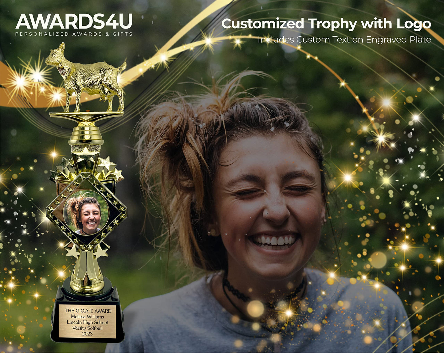 13” Goat Trophy with Custom Picture and Engraved Plate, Funny Recognition Trophies - Goat Office Personalized Award for Coworkers, Greatest of All Time Upload Your Picture or Logo