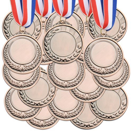 TREEHAC 50 Pcs 2.56 Inch Zinc Alloy Blank Medals with Antique Red Finish and Neck Ribbons for Custom Awards in Sports School DIY Events and Competitions