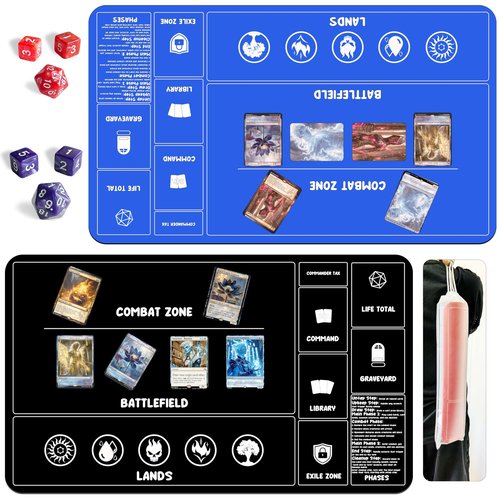 Card Game Playmats MTG Playmat for Beginner 2 Pack with Dices, Magic Mat Commander Deck Card Playmat for TCG MTG Accessories Play Mat 24x14 Inches Duel Card Battles, Black/Blue