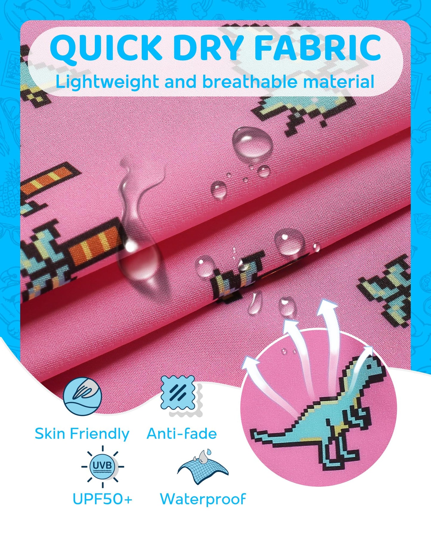 maamgic Boys Swim Trunks with Compression Liner 4-Way Stretch Quick Dry Swim Shorts Swimming Trunks Toddler Boy Dinosaur Pink 10-12 Years
