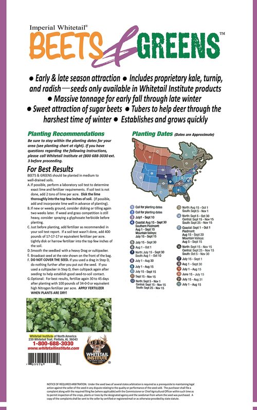 Whitetail Institute Beets & Greens Deer Food Plot Seed for Fall Planting - Blend of Sugar Beets, Kale, Turnip and Radish to Attract and Hold Deer Throughout Fall and Winter, 3 lbs (.5 Acres)