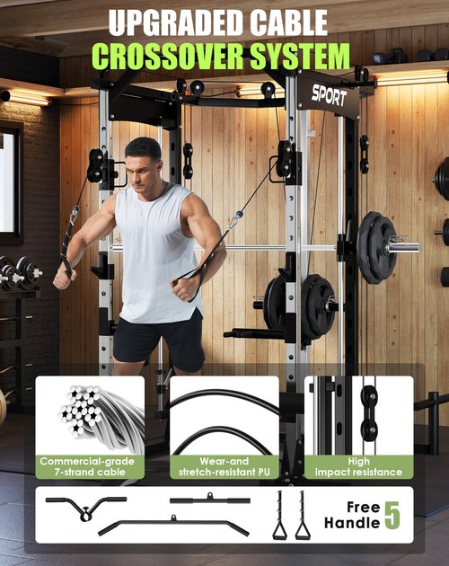 OutdoorVibe Smith Machine for Home Gym, 2200LBS Capacity Heavy Duty Power Cage with Cable Crossover System, All-in-One Home Gym System with Weight Storage & Multi-Functional Training Stations