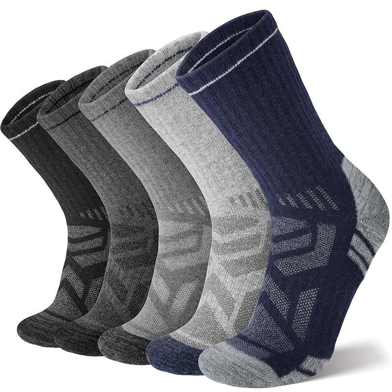 ANTsang Merino Wool Hiking Socks, Enhanced Breathability 5-Pair Set - Blue/Gray/Black, Large