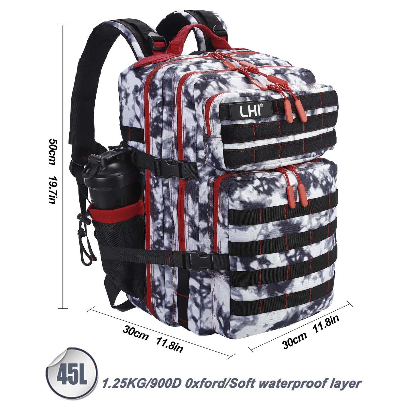 LHI Military Tactical Backpack for Men and Women 45L Army 3 Days Assault Pack Bag Large Rucksack with Molle System Black and white