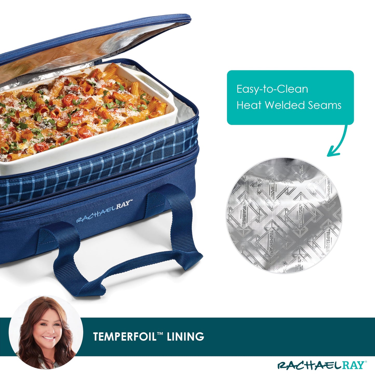 Rachael Ray Expandable Insulated Casserole Carrier for Hot or Cold Food, Thermal Lasagna Lugger Tote for Potluck, Parties, Picnic, and Cookouts, Fits 9" x 13" Baking Dish, Blue Gingham