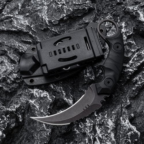 OOULORE Fixed Blade Knife, D2 Steel Blade, G10 Handle, Tactical EDC, Double Edged, Claw Knife, Utility for Outdoor Survival, Hiking, Camping with Kydex Sheath OK1212 (Black/Black)