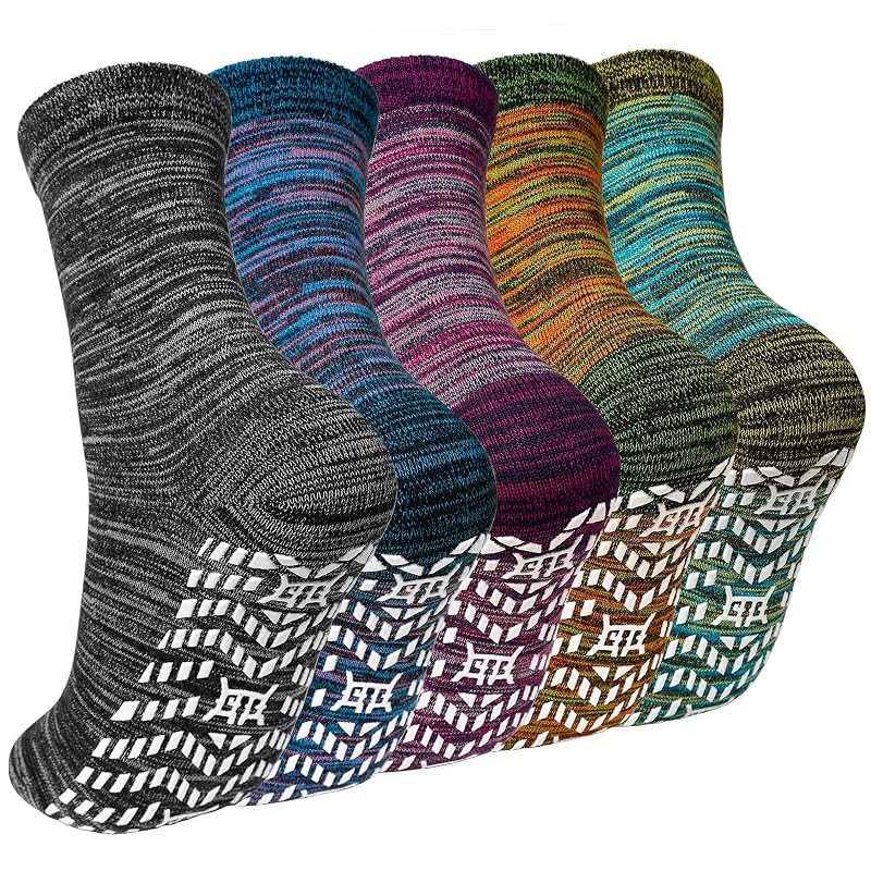 Non Slip Grip Socks for Men & Women - 5 Pairs Gray Blue Green Orange Purple - Anti-Slip Elderly Hospital Socks