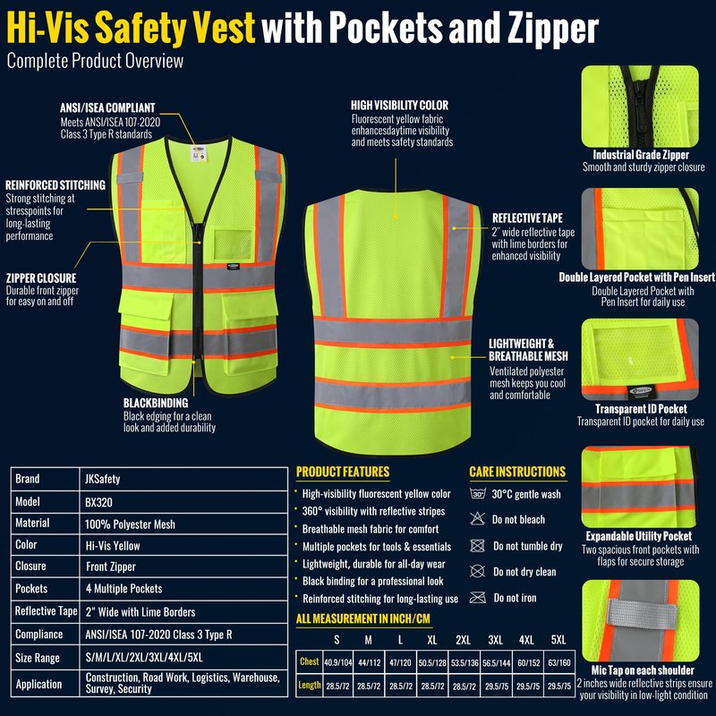 JKSafety Safety Vest for Men Women Hi Vis Vest with Pockets and Zipper Front Class 2 High Visibility Meet ANSI Standard Yellow Color Extended Orange Strips (BX320-Yellow L)