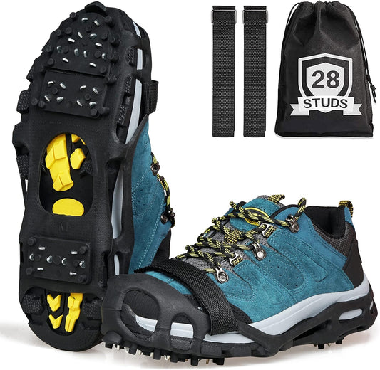 Ice Cleats for Shoes and Boots, Non Slip Ice Shoes Grippers 28 Studs Snow Cleats Crampons for Women Men Ice & Snow Cleats with Adjustable Straps for Winter Hiking Walking Ice Fishing