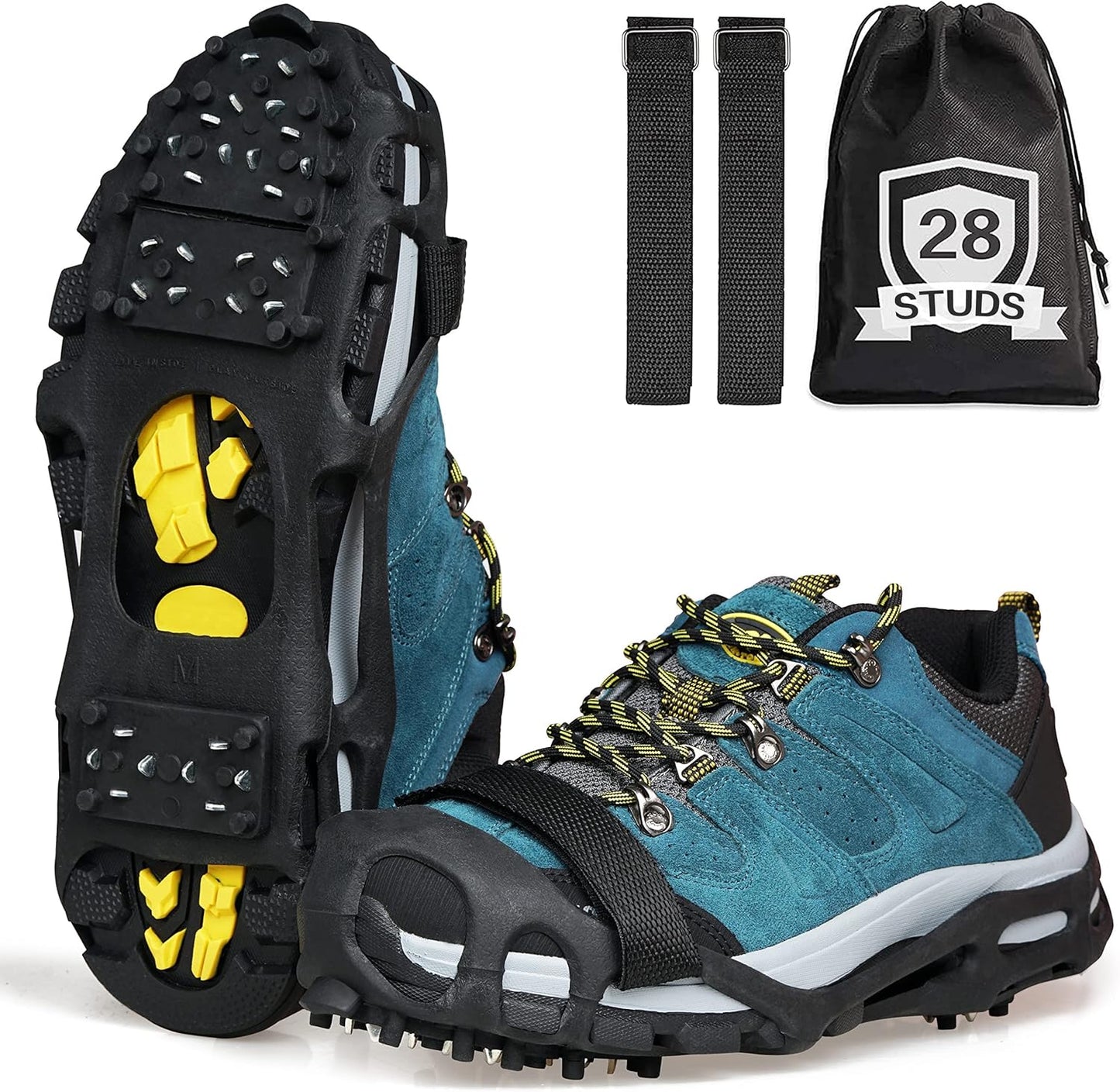 Ice Cleats for Shoes and Boots, Non Slip Ice Shoes Grippers 28 Studs Snow Cleats Crampons for Women Men Ice & Snow Cleats with Adjustable Straps for Winter Hiking Walking Ice Fishing
