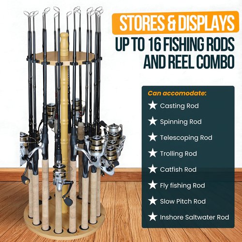 Rush Creek Creations Round 16 Fishing Rod Storage Rack - Features Traditional Handcrafted Wood Post - No Tool Assembly, Wood Grain Laminate