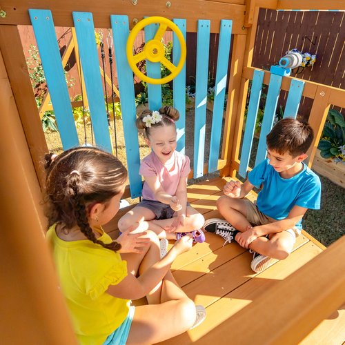 Teamson Kids Wooden Swing Sets for Backyard Outdoor Playset with Slide Rock Wall Trapeze Bar Fireman Pole Pirate Wheel Kids Playground with Swingset Holds 9 Children Ages 3 to 10