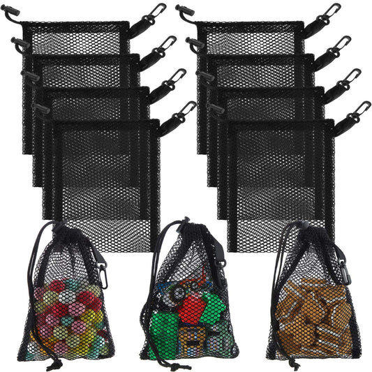8 Pieces Black Mesh Drawstring Bags with Clips Small Nylon Storage Mesh Bags Shell Bag Dishwasher Net sack for Jewelry Beach Collecting Toys Gifts Travel Kitchen Favor(27.4 x 19 cm/ 10.8 x 7.5 Inch)