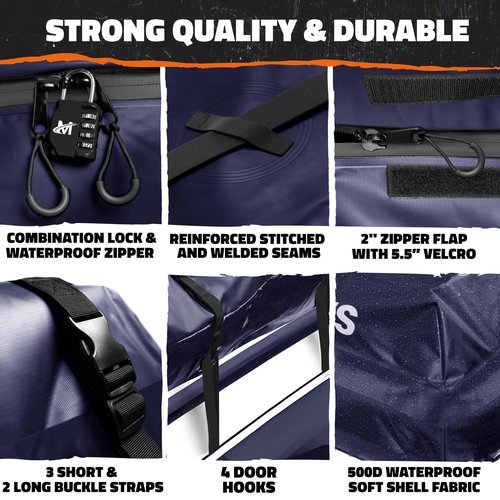 Mockins 30 CuFt Navy Waterproof Rooftop Cargo Bag For Use With or Without Roof Rack | 60"x43"x20" Vinyl Car Rooftop Cargo Carrier Bag | Car Topper Luggage Carrier Waterproof Set w/Straps, Hooks & More