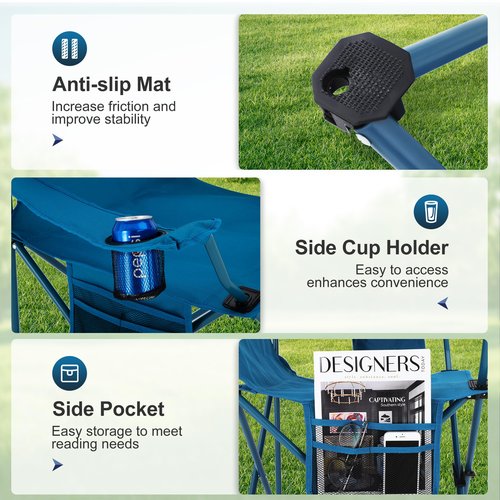LET'S CAMP Camping Chair 2 Pack Folding Chair with 3-Can Cooler Bag Portable Lawn Chair with Cup Holder,Storage Pocket, Supports 225LBS, Collapsible Chair for Camp, Beach, Picnic (Blue)