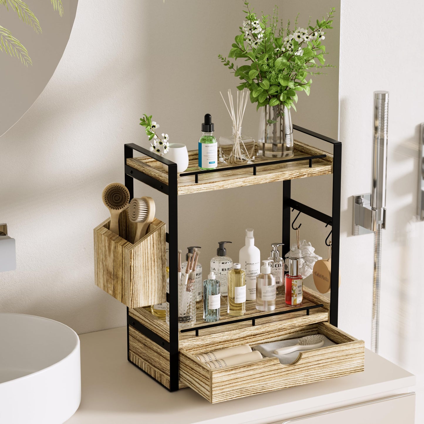 CeleVista 2-Tier Wood Bathroom Counter Organizer, Countertop Organizer with Drawer and Storage Basket, Bathroom Sink Organizer for Vanity, Skincare, Makeup, and Daily Essentials (Light Brown)