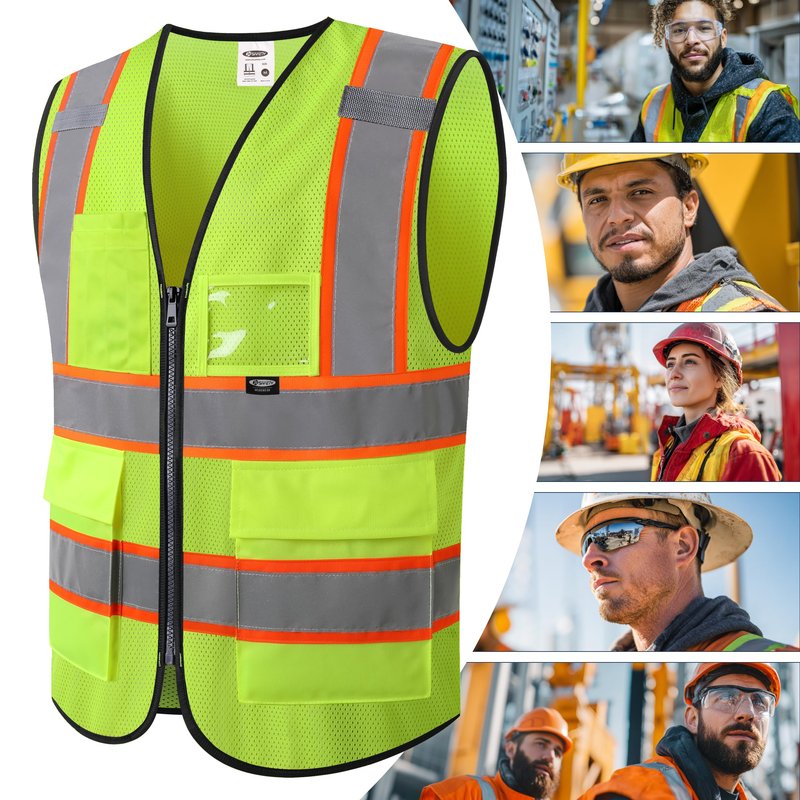 JKSafety Safety Vest for Men Women Hi Vis Vest with Pockets and Zipper Front Class 2 High Visibility Meet ANSI Standard Yellow Color Extended Orange Strips (BX320-Yellow L)