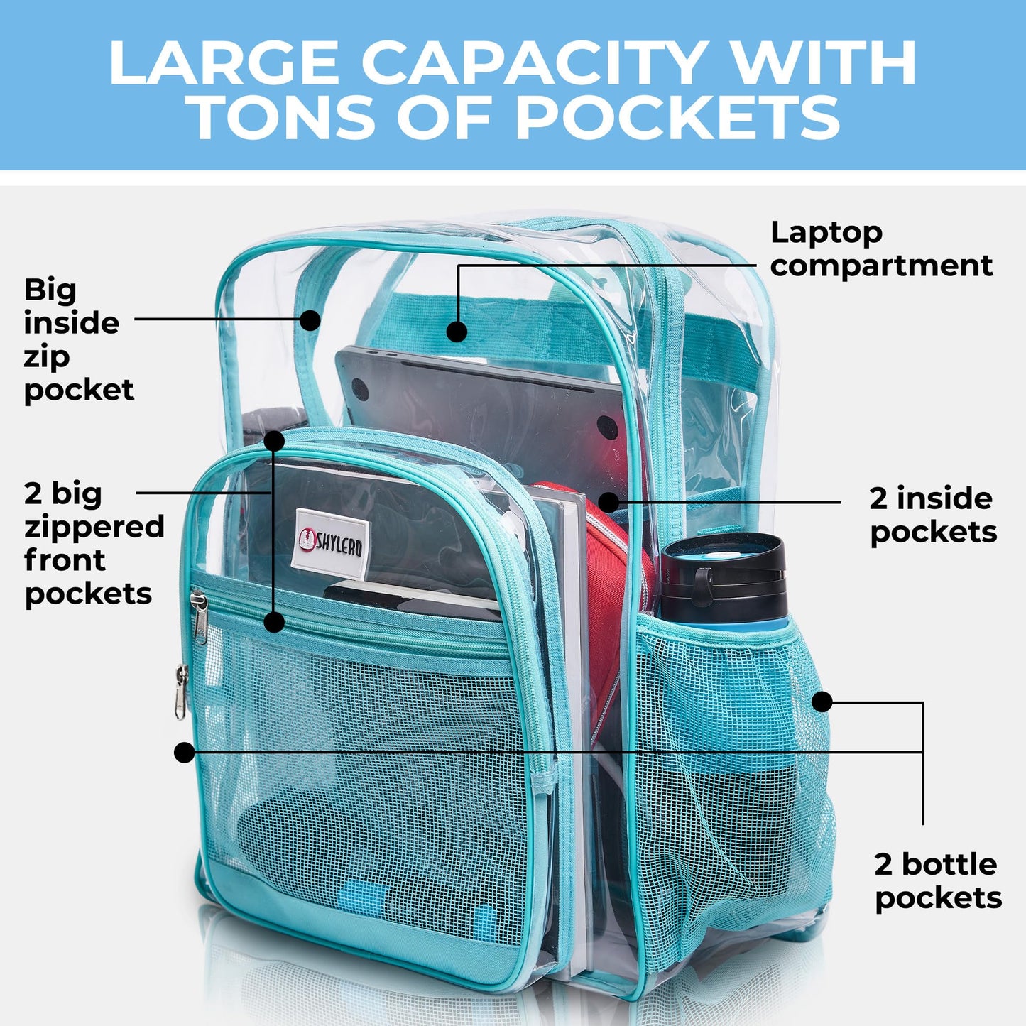Clear Backpack Heavy Duty XL - H18''xW14''xD8. Has TSA Lock - Turquoise