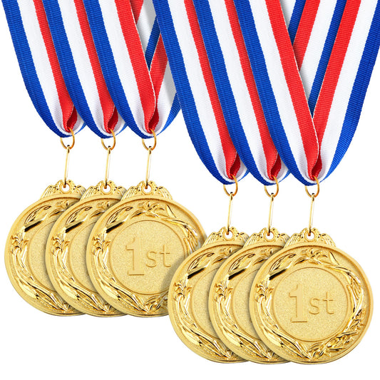 Juvale 6 Pack 1st Place Gold Medals with 16 Inch Neck Ribbon for Awards, Sports Tournaments, Soccer, Baseball (Round, Metal, 2.5 Inch Diameter) - Medals for Awards