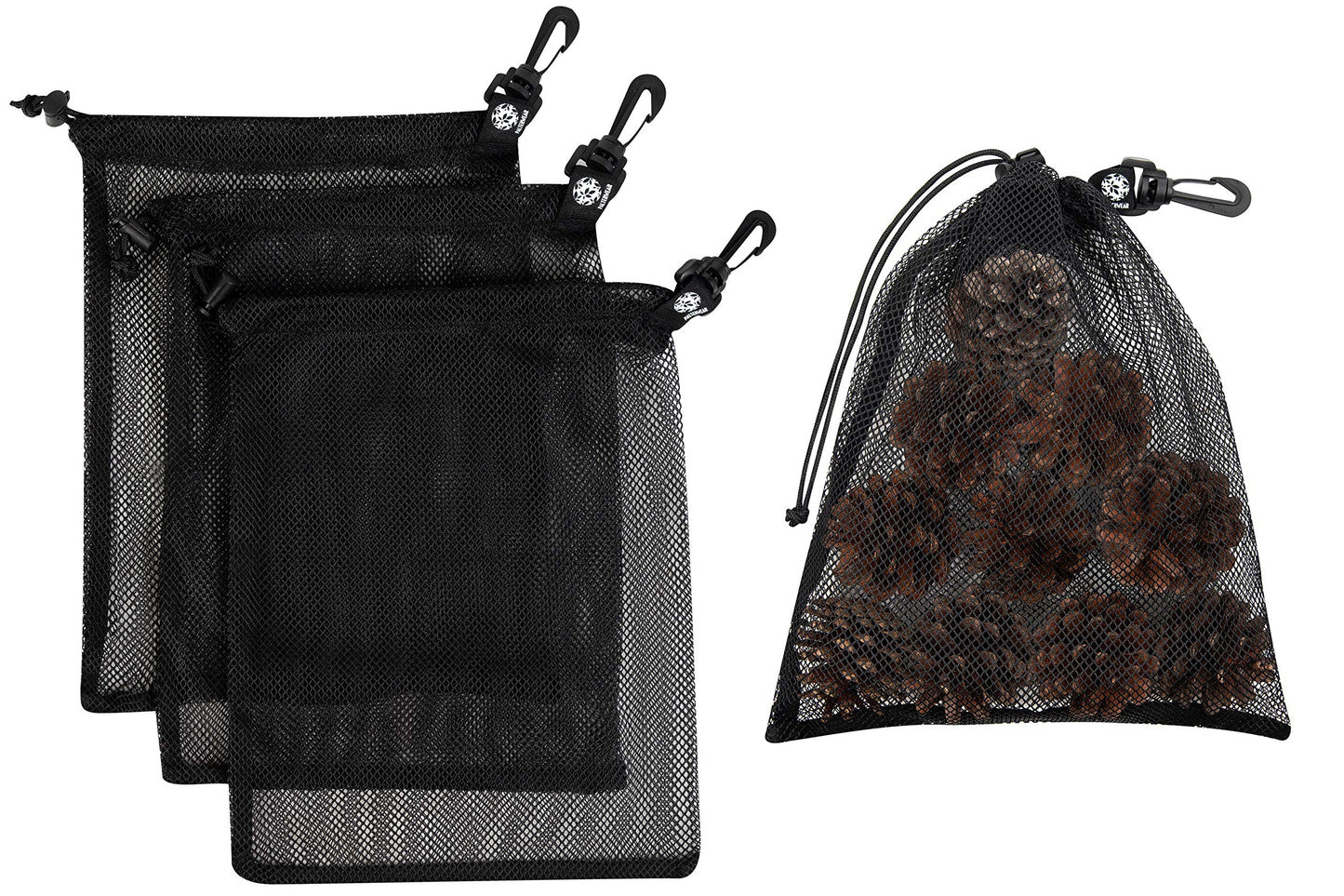 PALTERWEAR Mesh Bag with Clip and Toggle Closure (Set of 4, Black, 9 x 12 Inch) for Scuba, Scalloping, Camping, Multi-Use