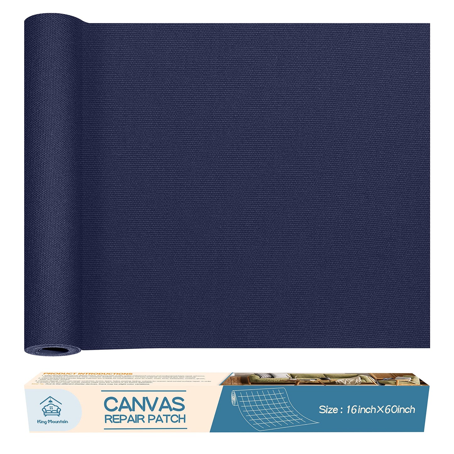 KING MOUNTAIN Canvas Repair Patch 16×60 Inch Self-Adhesive Waterproof Fabric Patch for Sofas, Tents, Furniture,Tote Bags, Car Seats (Dark Blue)
