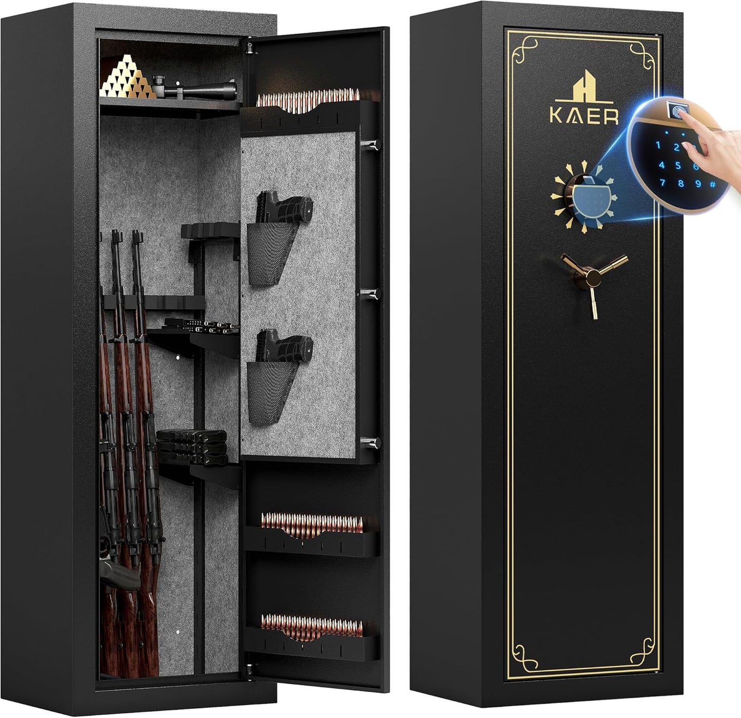 KAER 15 Biometric Gun Safe for Rifles and Pistols,Gun Cabinet with Fingerprint/Keypad/Key Access,Rifle Safe with Removable Shelf and Pistol Pocket.[No Assembly Required]