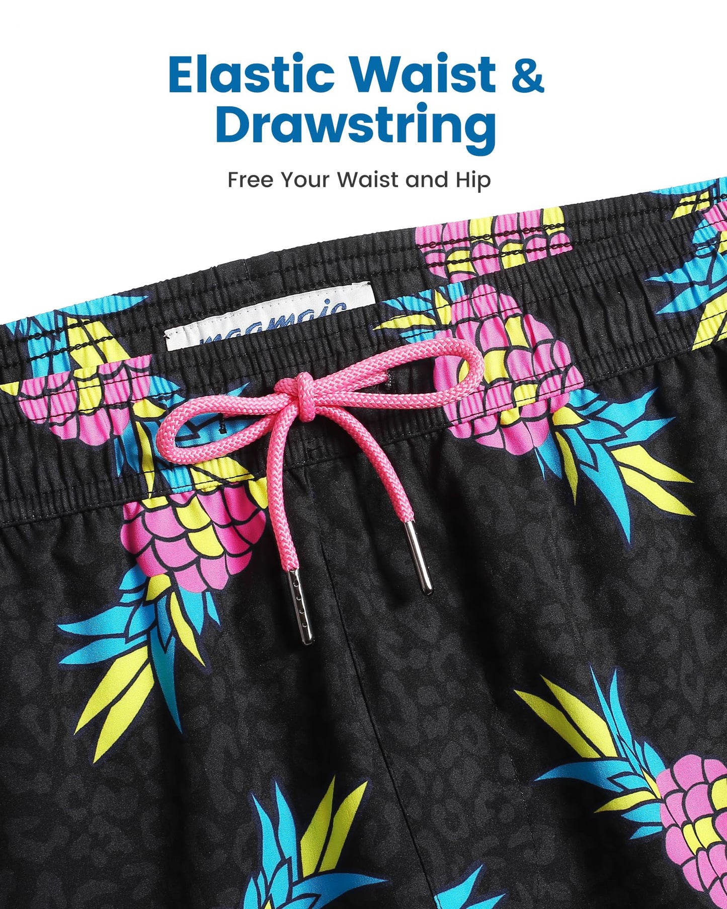 maamgic Mens Swim Trunks with Compression Liner 5 Inch, Quick Dry Bathing Suit with Zipper Pockets, Stretch No-Chafing Swim Shorts, Gray Lepoard x Pink Pineapple X-Small