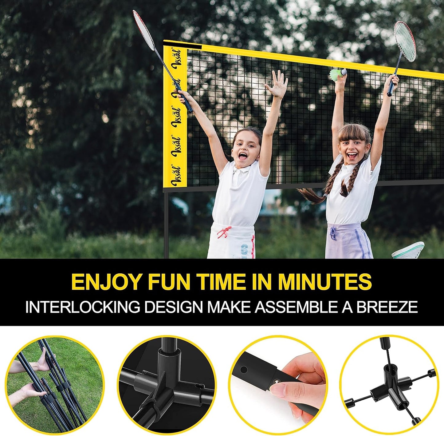 10FT Portable All-in-One Badminton, Pickleball and Kids’ Volleyball Net Set Half Court (10ft Wide x 7ft max Height) Small Outdoor Sports Set with Adjustable Net for Backyards Beach Driveway Game
