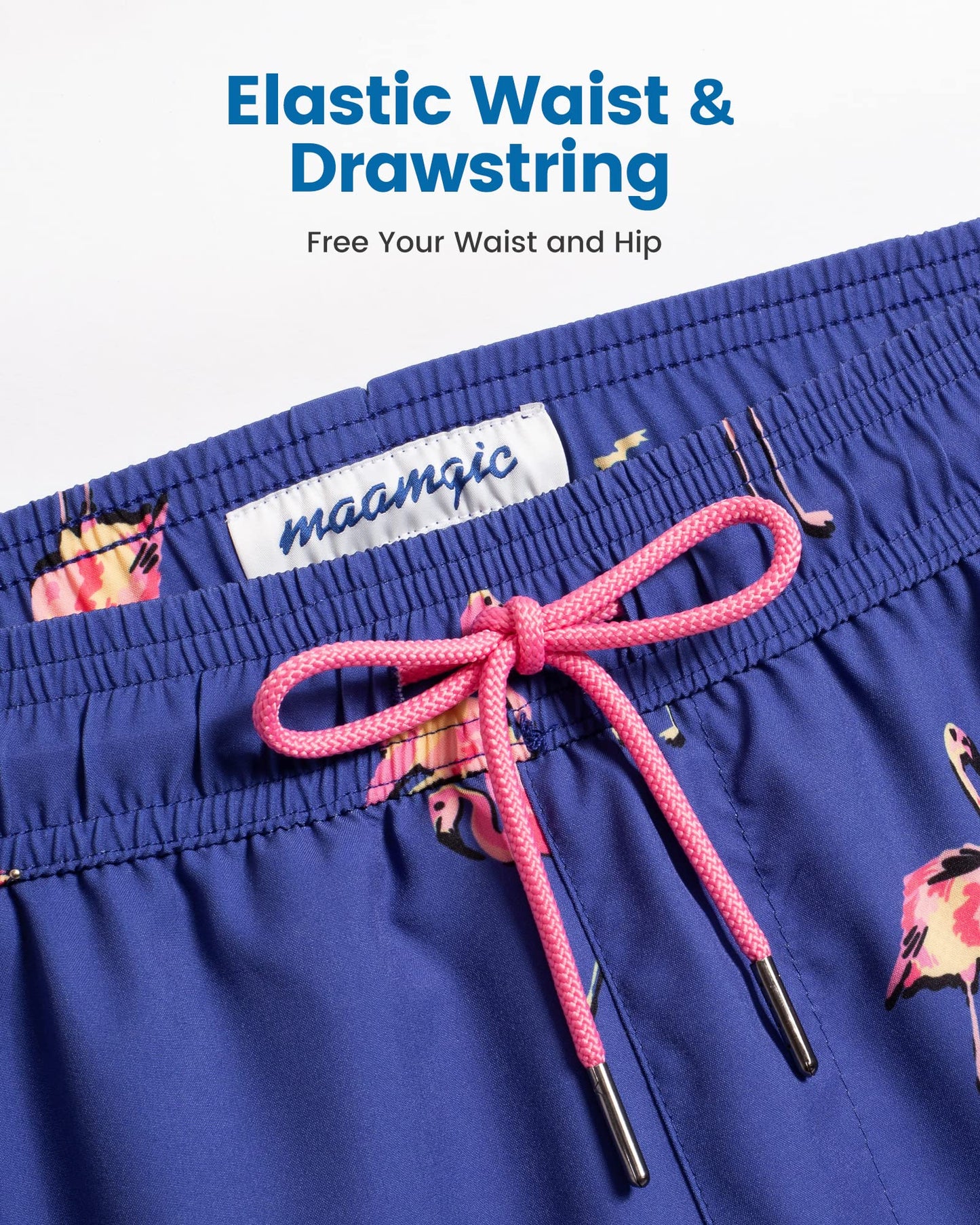 maamgic Mens Swim Trunks with Compression Liner 5 Inch, Quick Dry Bathing Suit with Zipper Pockets, Stretch No-Chafing Swim Shorts, Blue-Pink Flamingo Medium