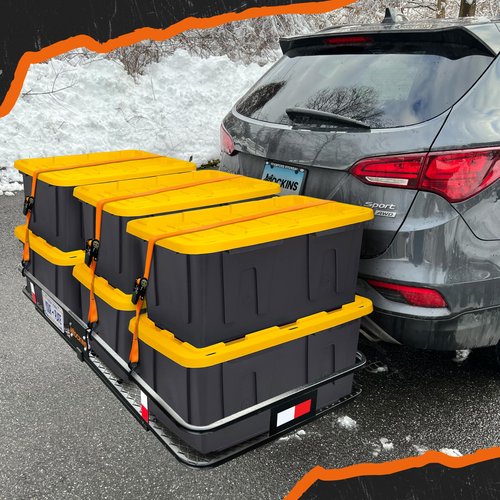Mockins XXL 70"x30"x6" Folding Trailer Hitch Cargo Carrier | 500 Lbs. Cap. Cargo Hitch Carrier Rack | All-Weather Steel Luggage Rack for SUV, Car & Truck w/License Plate Holder, Stabilizer & Straps