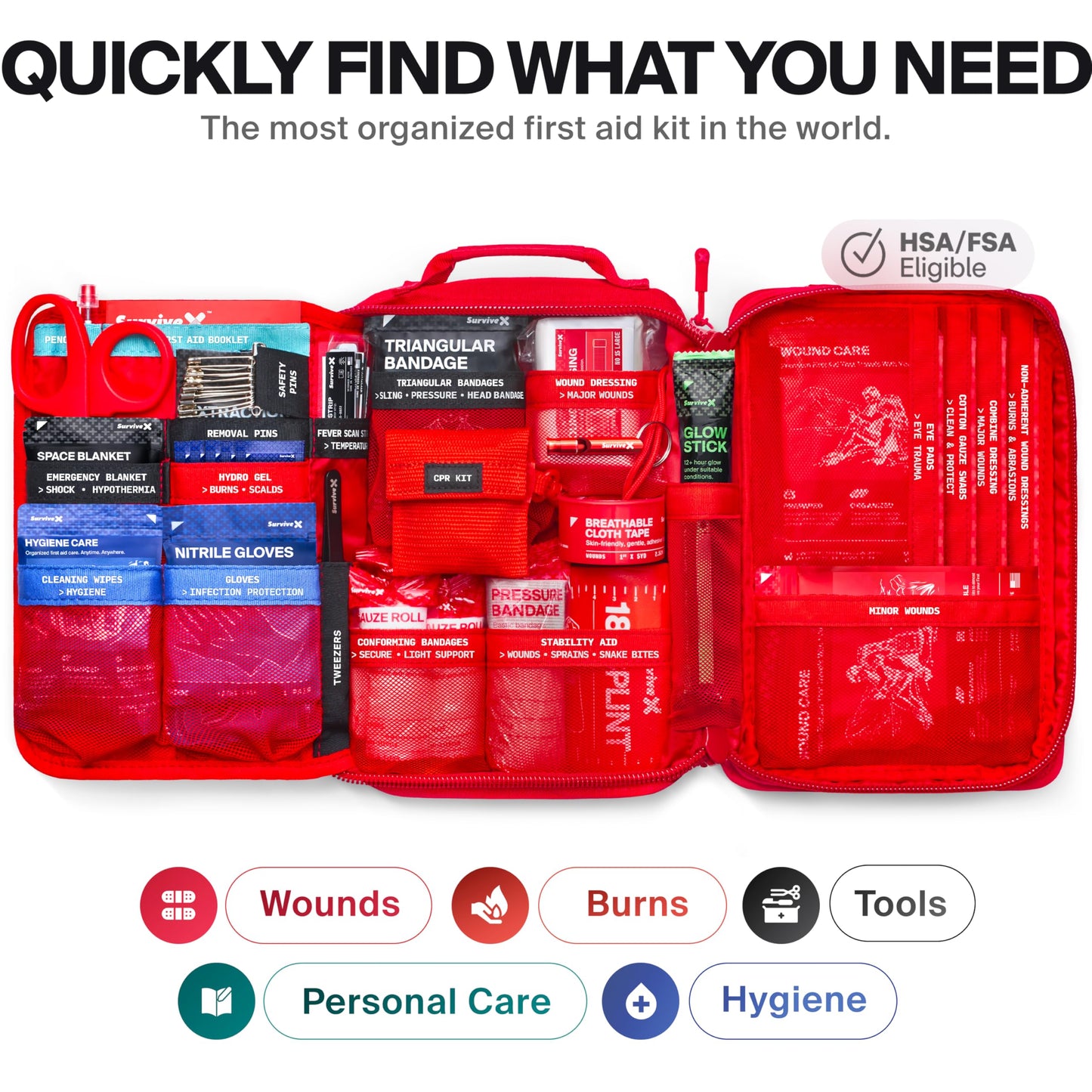 SurviveX Large First Aid Kit for Car, Travel & Home - Emergency Kit for Hiking, Camping, Backpacking and Outdoors - Includes Zip Stitch Wound Closure Strips