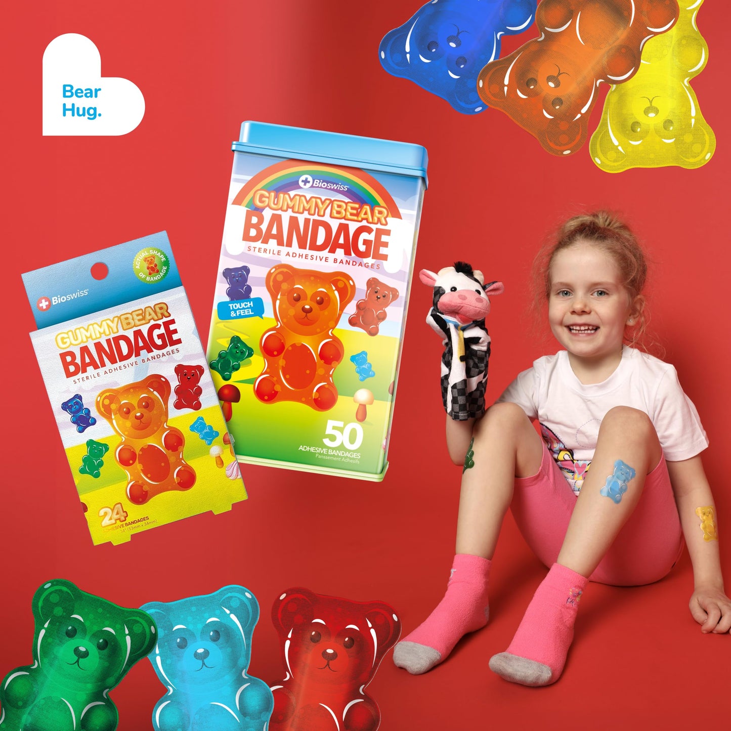 BioSwiss Bandages, Gummy Bear Shaped Self Adhesive Bandage Set, Latex Free, Sterile Wound Care, 24 Count