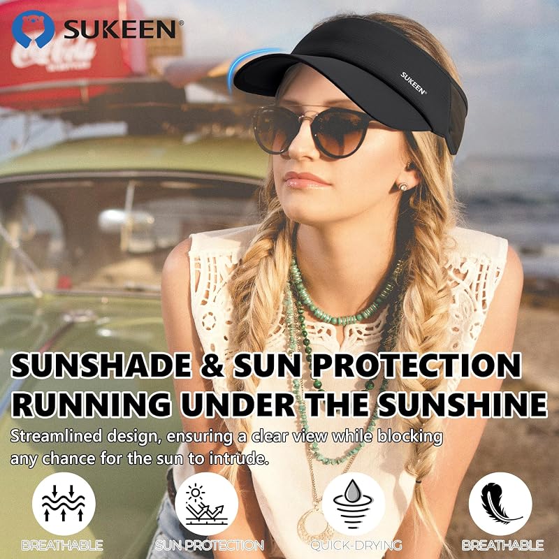 Sukeen Lightweight Sports Sun Visor Hat – Black, One Size, UPF50+