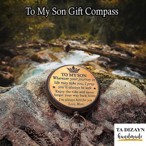 to My Son Compass with Wooden Box-Mom to Son Compass–Mother to Son Gifts-Graduation Day Gifts for Son-Hiking Backpacking Compass-Birthday Confirmation Students Baptism Communion Compass for Women Men