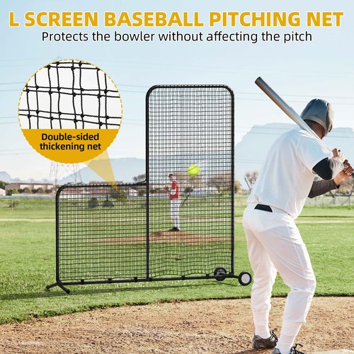 Shopsource Baseball L Screen with Wheels for Batting Cage, 7x7ft Pitcher Protector Net for Pitchers Protection, Includes Pitchers Glove,Training Ball, Portable Carry Bag