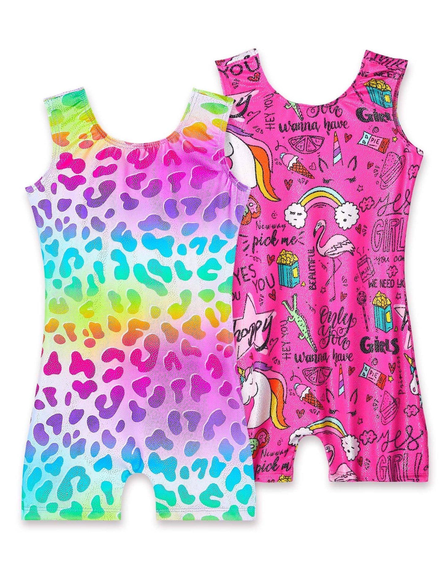 Nokecina Girls Leotards for Gymnastics Size 4t 5t Rainbow Cheetahs Unitards Hotpink Cartoon Biketards 2 Pack Gym Outfits