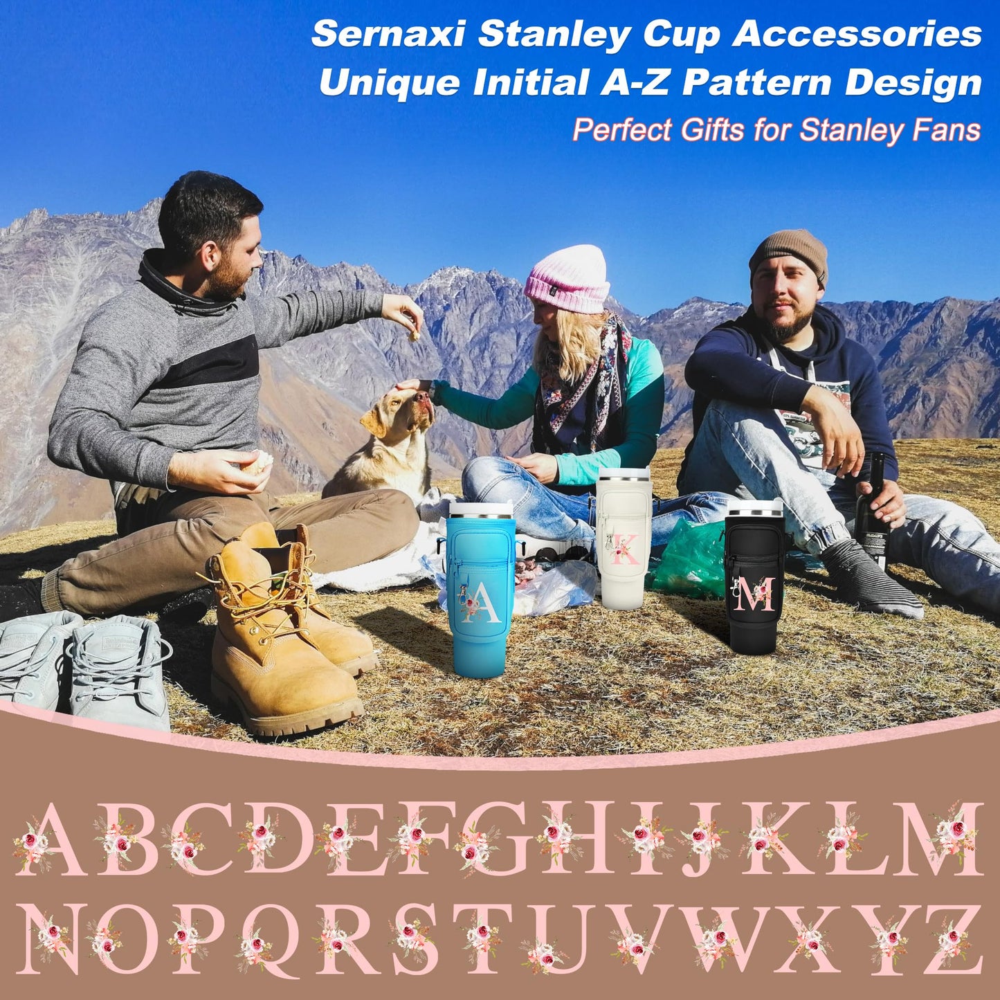Sernaxi Initial Water Bottle Holder with Strap for Stanley Cup Accessories 40 oz/Simple Modern Tumbler, Birthdays for Women Girls, Water Bottle Carrier Bag with Phone Pocket,Hiking Walking Gym Camping