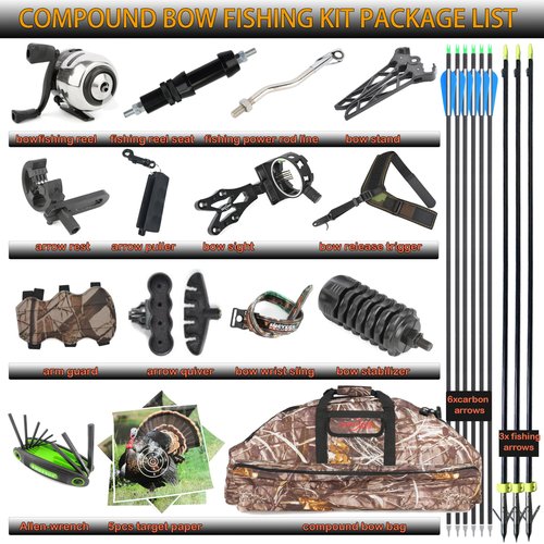 wolfman Compound Bow Fishing Kit 0-70lbs Hunting Bow with Bowfishing Reel and Bow Fishing Arrows,Right Handed for Adult/Youth Archery Bowfishing Outdoor Hunting Target Shooting (Camo)