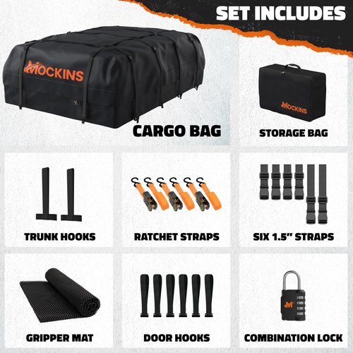 Mockins 35 Cu.Ft. Black Waterproof Rooftop Cargo Carrier Bag | 60"x42"x24" Car Roof Bag for Use with or w/o Roof Rack | Car Topper Luggage Carrier Waterproof Storage Set w/Mat, Straps, Hooks, & More