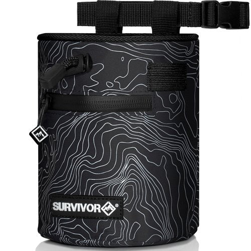 SURVIVOR Chalk Bag - Rock Climbing Chalk Bag for Rock Climbing, Bouldering, Weight Lifting, & More - Draw String Closure, 2 Zippered Pockets & Brush Holder - Gym Chalk Holder & Rock Climbing Bag