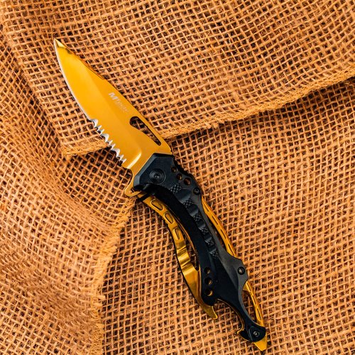 MTECH USA Folding Knife, 3.75-Inch Half-Serrated Blade, Titanium Coating, Glass Breaker, Pocket Clip (Black Gold)