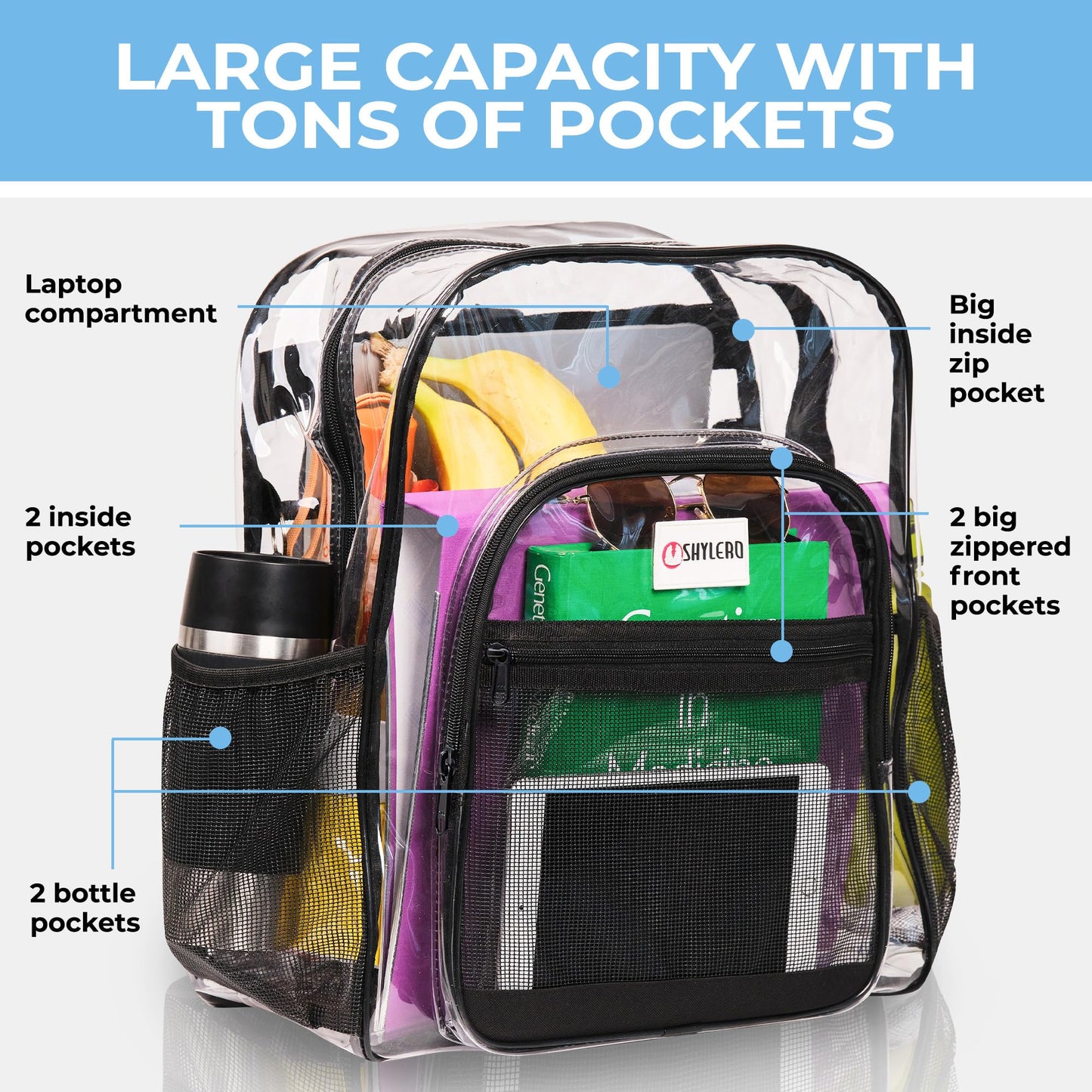 SHYLERO Clear Backpack Heavy Duty has TSA Lock, 2-WAY Zipper. PVC Transparent Backpack X-Large - H18''xW14''xD8 - Black