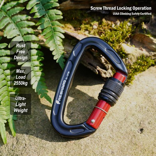 FresKaro Rock Climbing Carabiner Clips Heavy Duty, Screw Gate Locking, UIAA Certifed, 25kN Karabiner for Rappelling, Hunting, Hiking, Gym Equipment, or Survival Gear Kit, 4Inch, Black, 3Pack