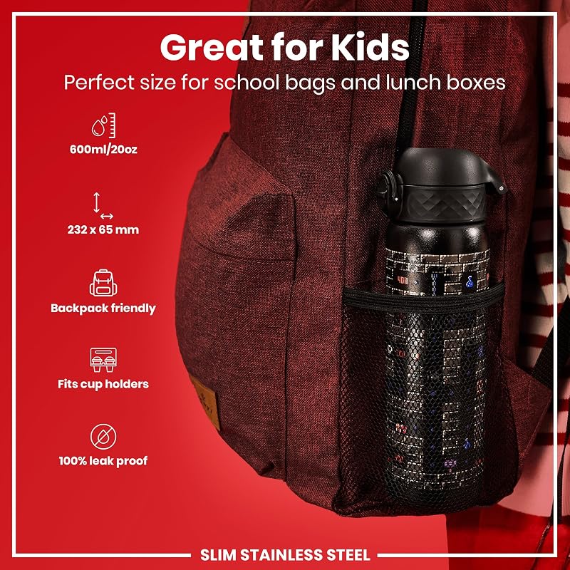 Gaming 600 ml Ion8 Stainless Steel Water Bottle - Leak Proof, Easy Open, Dishwasher Safe