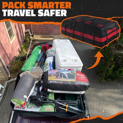 Mockins 45 Cu.Ft. XL Waterproof Rooftop Cargo Bag | 75"x48"x22" Heavy Duty Rooftop Cargo Carrier for Use with or w/o Roof Rack | Car Roof Bag Set Includes Top of Car Storage Mat, Lock, Hooks & Straps